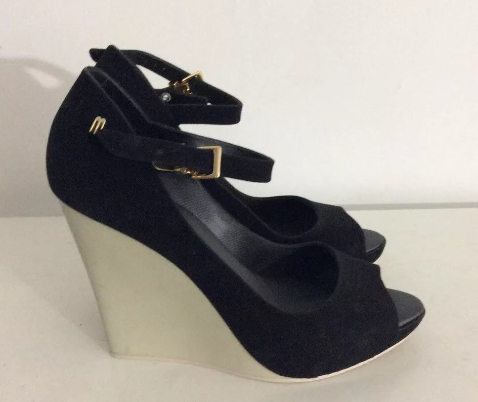 Melissa Peep Toe Wedge Platform Heels Women’s Size UK 8 Black & White