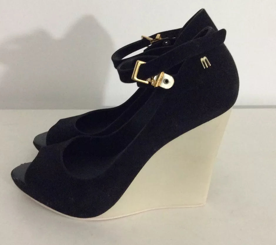 Melissa Peep Toe Wedge Platform Heels Women’s Size UK 8 Black & White